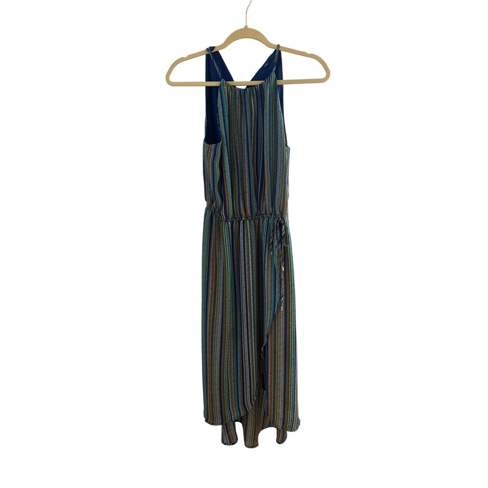 Blue Green Striped Boho Maxi Dress Elastic Waist Drawstring Sleeveless Summer
